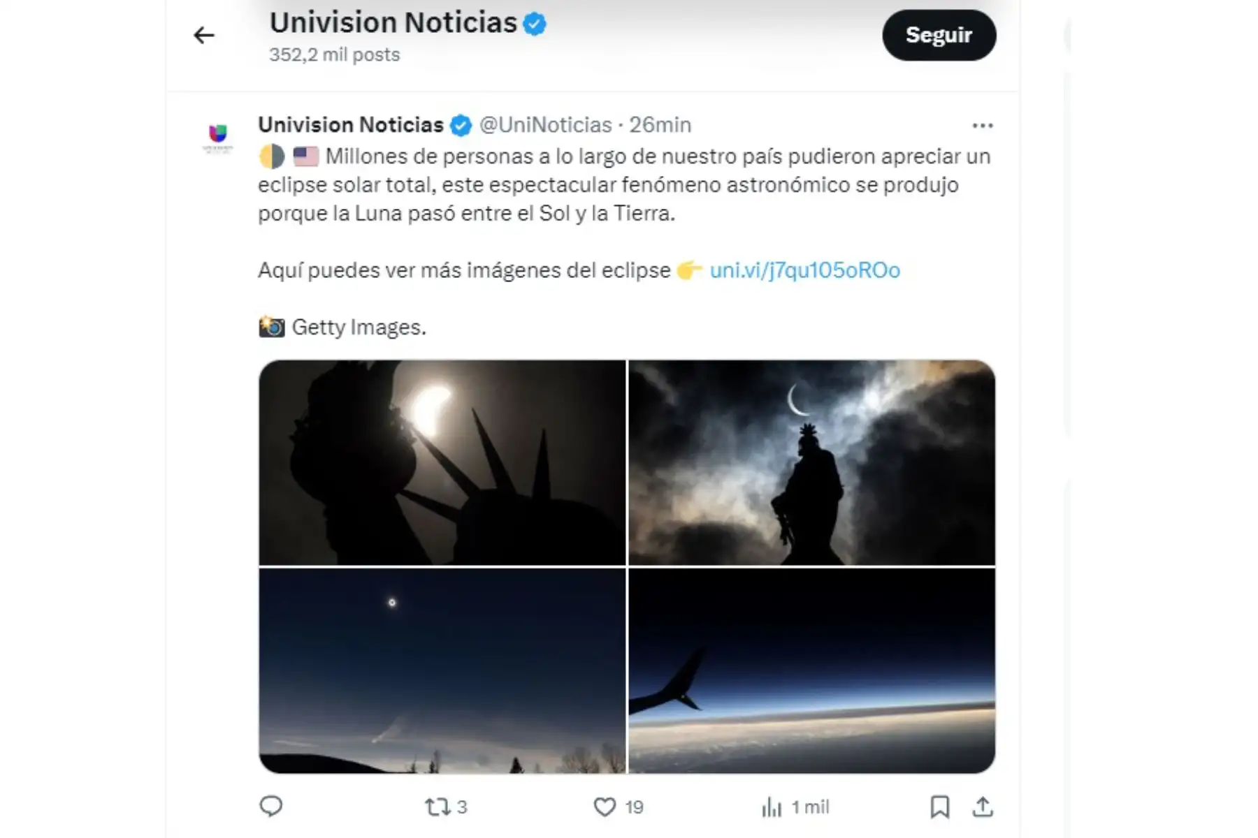 Así informó Univisión Noticias sobre el eclipse solar total de abril del 2024, que pudo ser visto por millones de personas desde México, Estados Unidos y Canadá. Foto: INTERNET/Medios