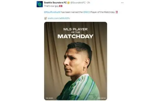 El Seattle Sounders felicitó a Ruidíaz en redes sociales por su elección como mejor jugador de la fecha. Foto: X/Seattle Sounders.