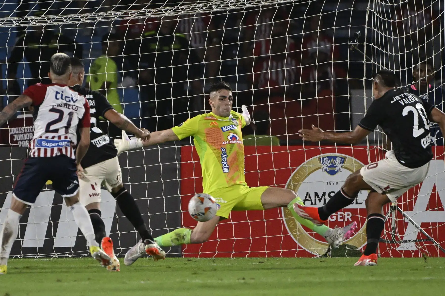 El portero uruguayo de Junior, Santiago Mele , no logra atrapar el balón pateado por el delantero de Universitario, Alex Valera , durante el partido de fútbol de ida de la fase de grupos de la Copa Libertadores entre Junior de Colombia y Universitario de Perú en el estadio Metropolitano Roberto Meléndez en Barranquilla.
Foto: AFP