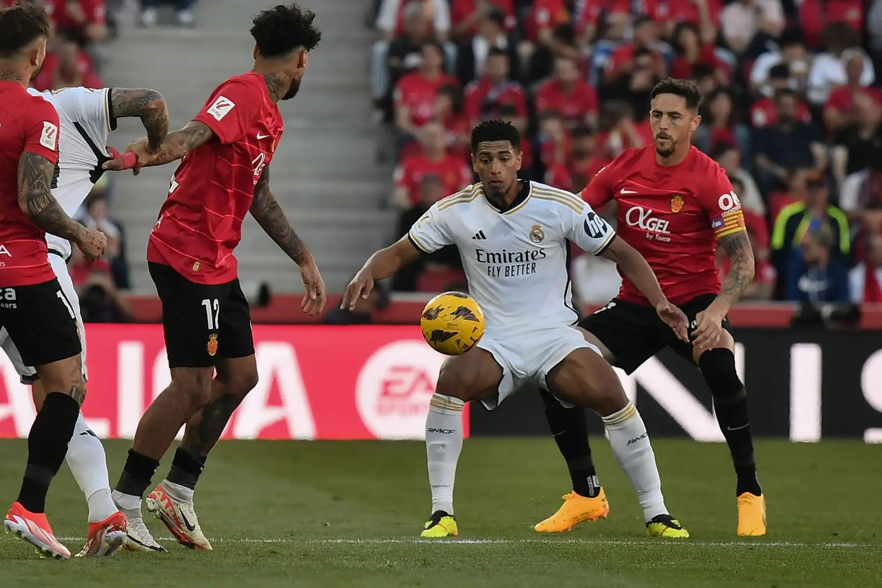 El centrocampista inglés del Real Madrid, Jude Bellingham, protege el balón ante la defensa del Mallorca, Antonio Raillo, durante el encuentro correspondiente a la jornada 31 de primera división que disputan Mallorca y Real Madrid.
Foto: ANDINA/ EFE