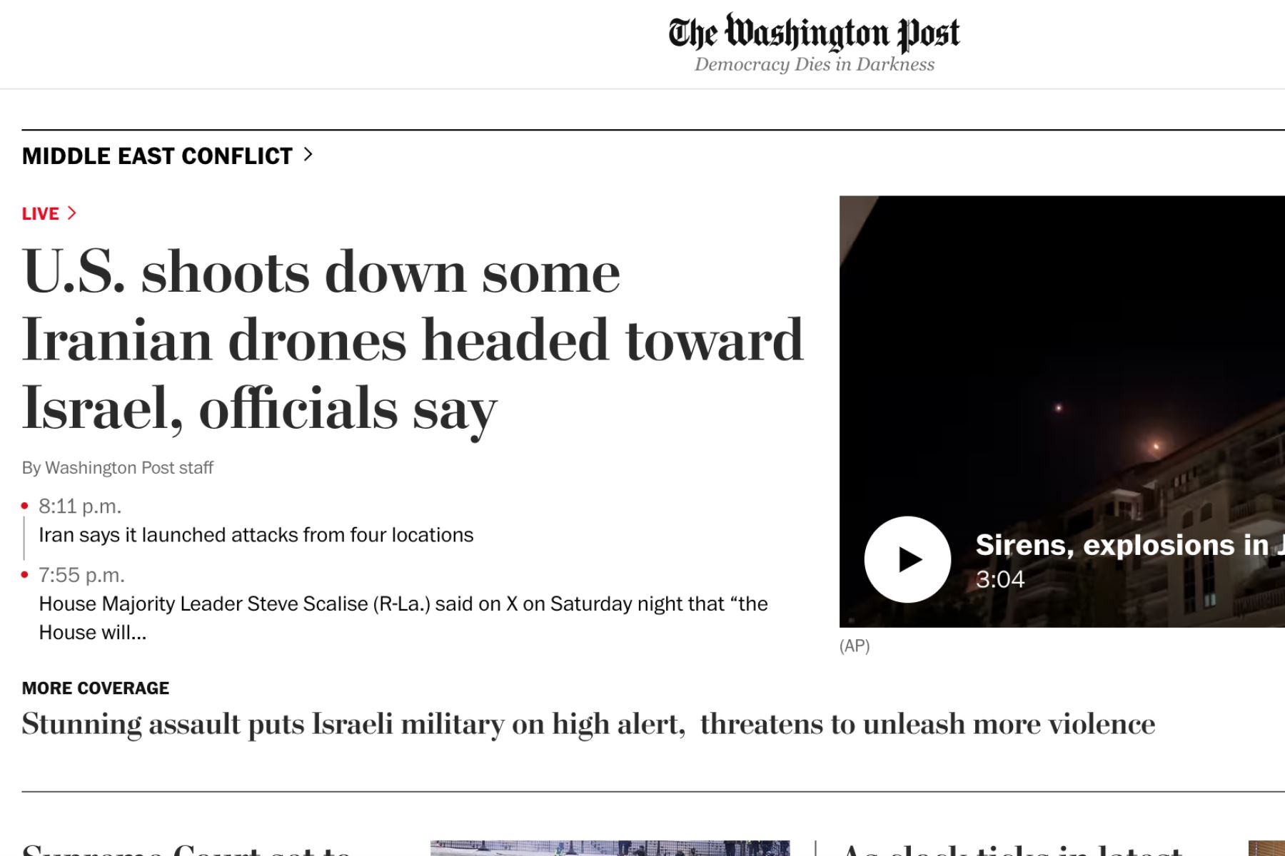 The Washington Post. Así informan los medios internacionales acerca del ataque con drones de Irán contra Israel.