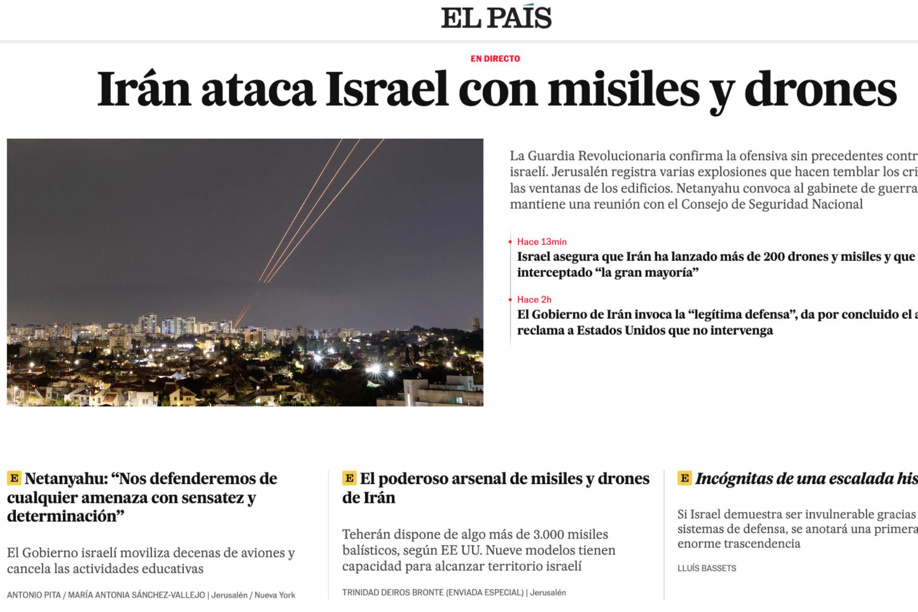 El País. Así informan los medios internacionales acerca del ataque con drones de Irán contra Israel.