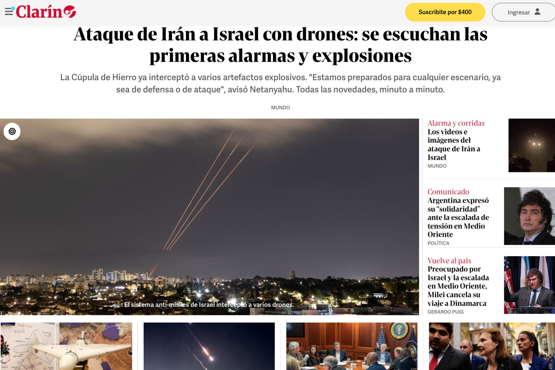 El Clarín. Así informan los medios internacionales acerca del ataque con drones de Irán contra Israel.
