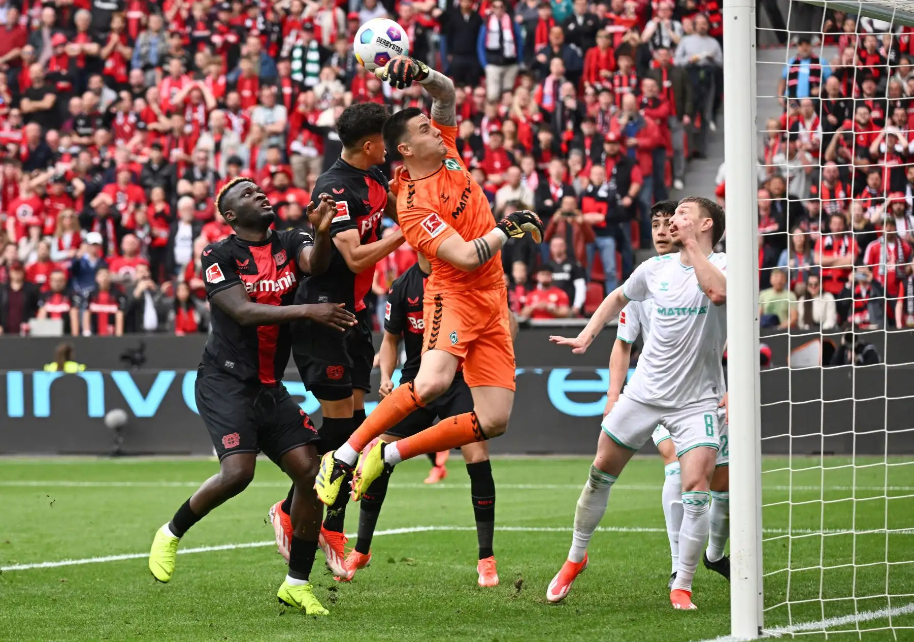 El defensor ecuatoriano del Bayer Leverkusen Piero Hincapie se levanta para encabezar el balón junto al portero alemán de Bremen  Michael Zetterer y el delantero nigeriano del Bayer Leverkusen  Victor Boniface durante el partido de fútbol de la Bundesliga alemana de primera división Bayer 04 Leverkusen contra Werder Bremen. Foto: ANDINA/AFP