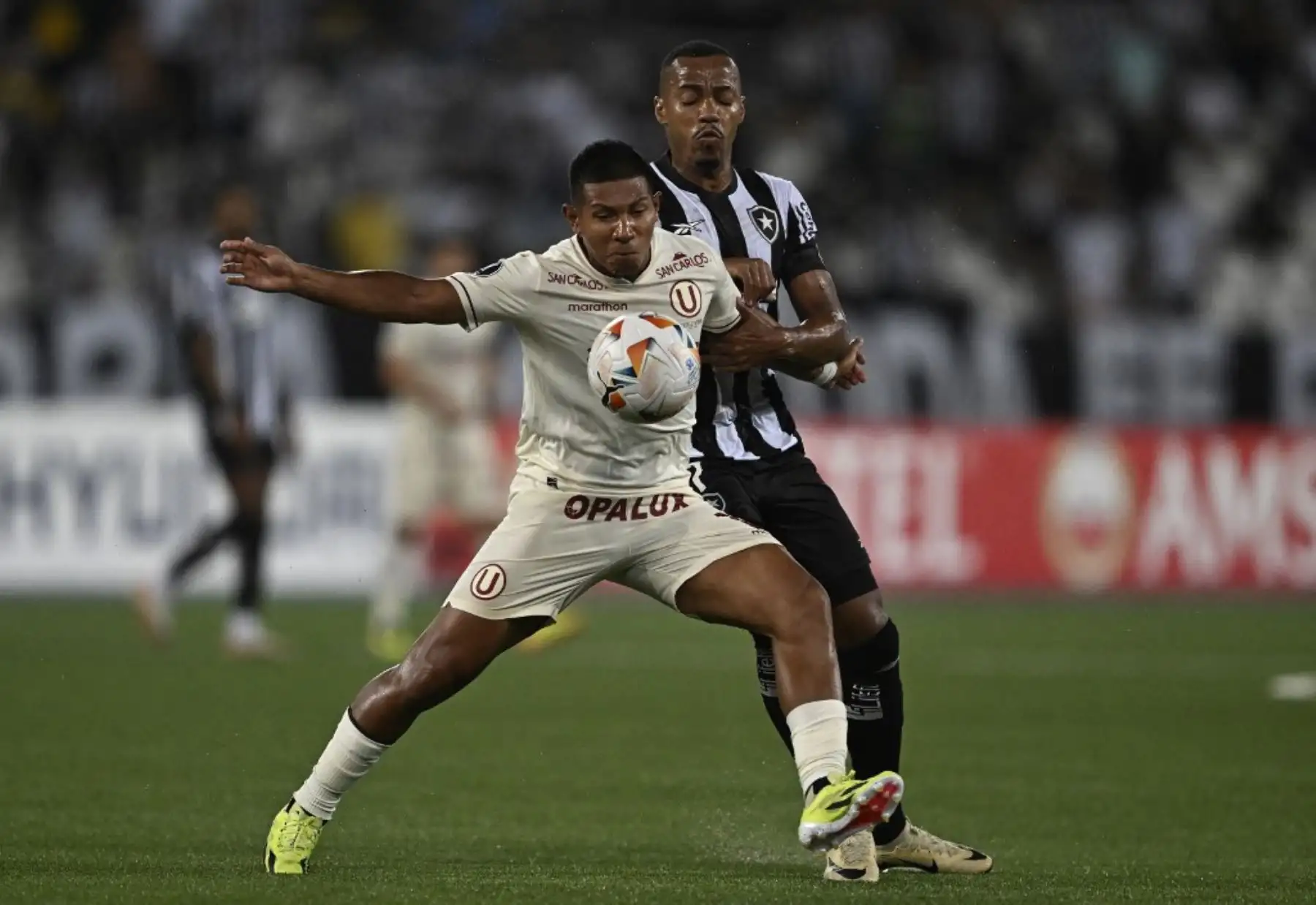 El delantero de Universitario Edison Flores (delantero) y el mediocampista de Botafogo Marlon Freitas luchan por el balón durante el partido de fútbol de ida de la fase de grupos de la Copa Libertadores entre el Botafogo de Brasil y el Universitario de Perú en el Estadio Nilton Santos en Río de Janeiro, Brasil, el 24 de abril de 2024. Foto: AFP