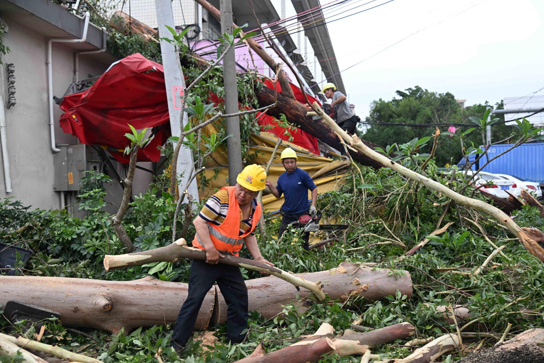 Personas retiran árboles caídos después de un tornado en la aldea de Chendong de la ciudad de Zhongluotan del distrito de Baiyun, Guangzhou, provincia de Guangdong, China, 28 de abril de 2024. Foto: EFE