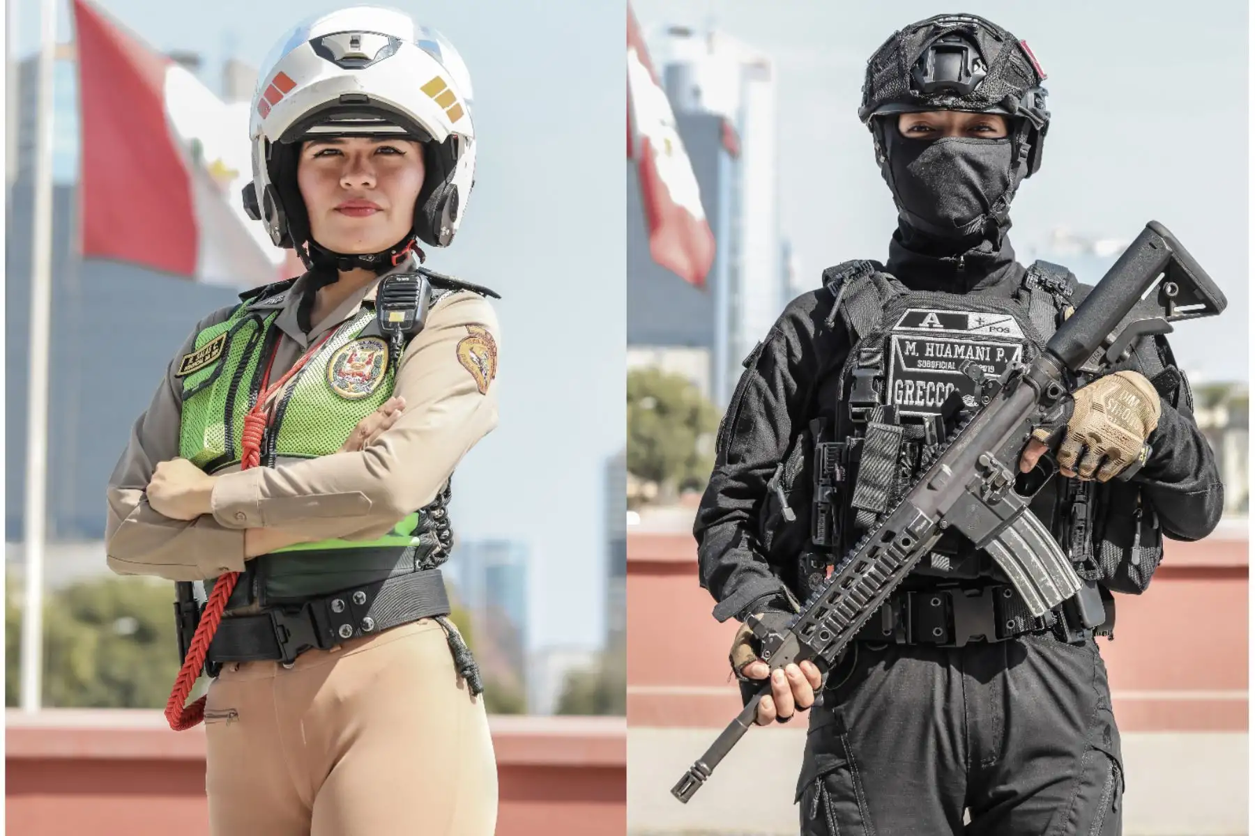 El Día de la Mujer Policía fue establecido mediante Resolución Directoral 868-2006-Dirgen PNP del 2006, en reconocimiento al invaluable aporte femenino a la función policial. En la toma, una policía de Tránsito UTSEVI y una agente Greco.

Foto: ANDINA/MININTER