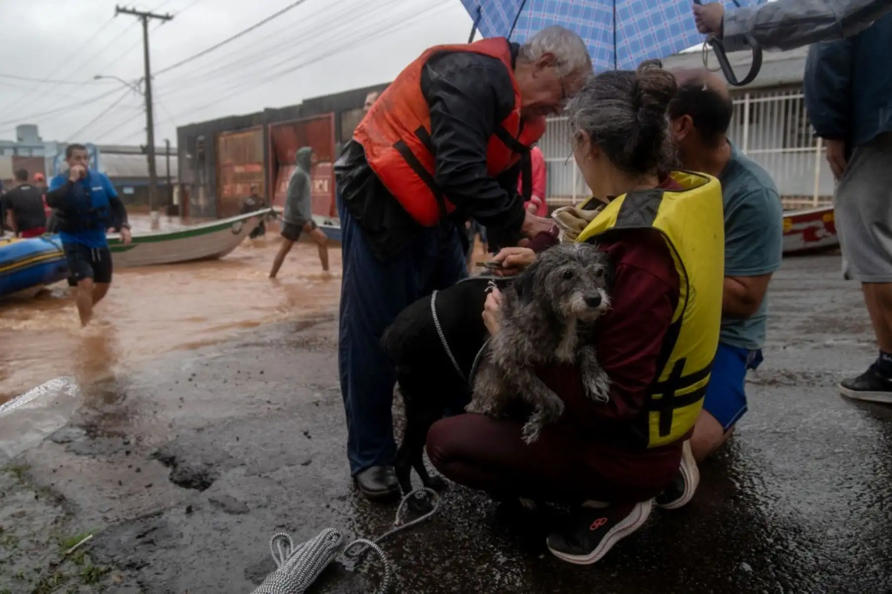 Los residentes y un perro son evacuados de una zona inundada en el centro de la ciudad de Sao Sebastiao do Cai, estado de Rio Grande do Sul, Brasil, el 2 de mayo de 2024. El presidente brasileño Luiz Inácio Lula da Silva visitó el jueves el sur del país, donde las inundaciones y Los deslizamientos de tierra causados por las lluvias torrenciales han matado a 13 personas y es probable que el número de víctimas aumente. Las autoridades de Rio Grande do Sul han declarado el estado de emergencia, mientras los re