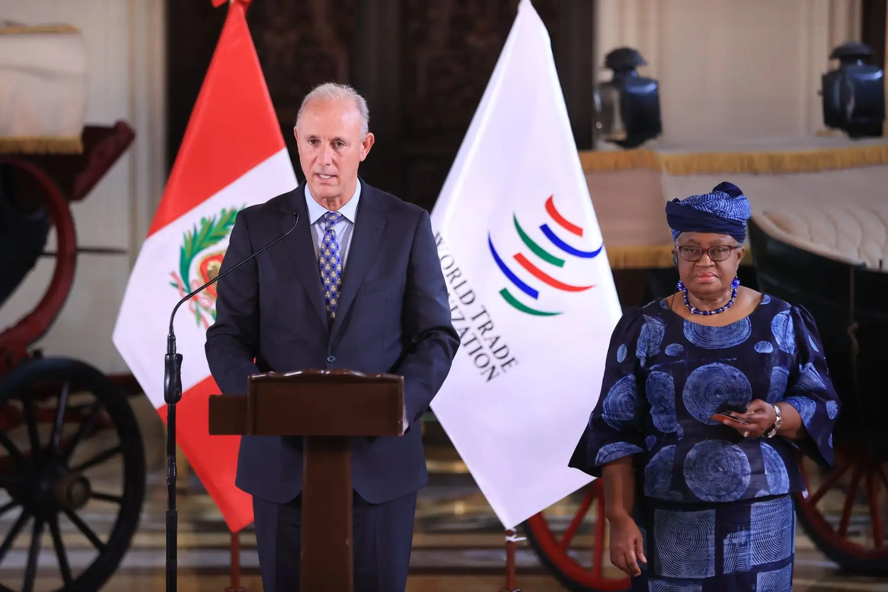 Conferencia del Canciller Javier González-Olaechea y la directora general de la Organización Mundial del Comercio (OMC), Ngozi Okonjo-Iweala. Foto: ANDINA/ Prensa Presidencia