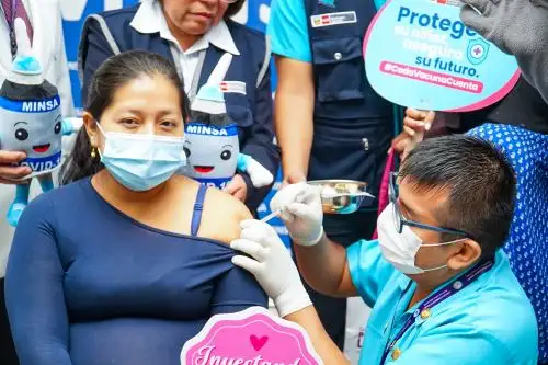 El nombre de la campaña “Por partida doble”, alude a destacar la importancia de las vacunas  influenza y Tdap (tétanos, difteria y tos ferina), porque brindan protección tanto a la madre como a su bebé.. ANDINA/ Diris Lima Centro.