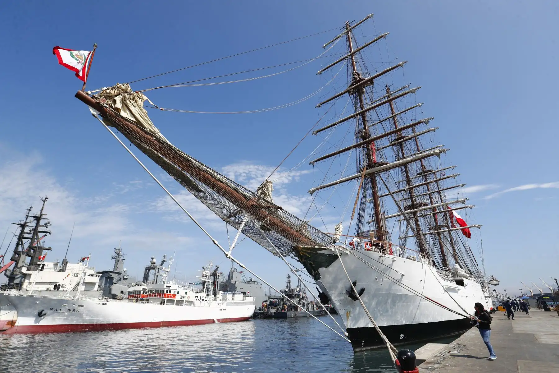El B.A.P. Unión se encuentra en la Base Naval del Callao, tras culminar exitosamente su viaje alrededor del mundo que duró 317, denominado "Circunnavegación 2023 - 2024", llegando a diversos países como EE.UU., Japón, China, Francia, España y Panamá. Foto: ANDINA/Daniel Bracamonte