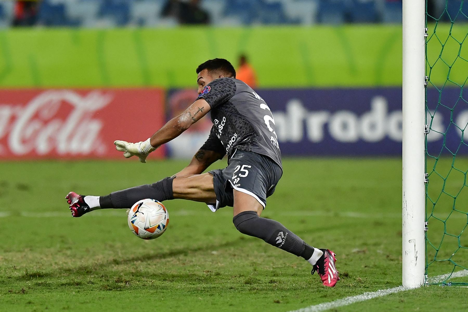 El portero chileno del Deportivo Garcilaso, Miguel Vargas, detiene el balón durante el partido de vuelta de la fase de grupos de la Copa Sudamericana entre el Cuiabá de Brasil y el Deportivo Garcilaso de Perú en el estadio Arena Pantanal de Cuiabá, Brasil.
Foto: AFP