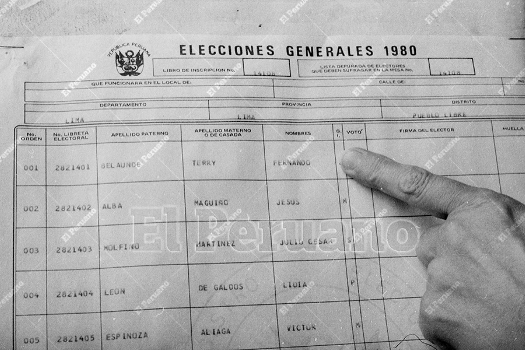Lima - 18 mayo de 1980  /  El nombre del candidato presidencial Fernando Belaunde Terry en el padrón electoral de las elecciones generales de 1980. Foto: Archivo Histórico de El Peruano / Rómulo Luján