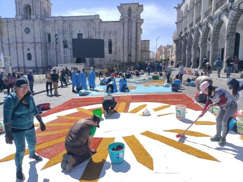 Estudiantes de 30 colegios de Arequipa participan activamente en la elaboración de alfombras de flores en la plaza de Armas para la celebración del Corpus Christi en la ciudad blanca. Las actividades centrales se realizarán esta tarde.
