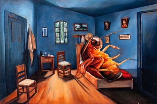 ‘Qué me ha ocurrido’ de Diego Zevallos. Óleo sobre tela en la exposición Kafka ‘360 grados’. Imagen: Cortesía