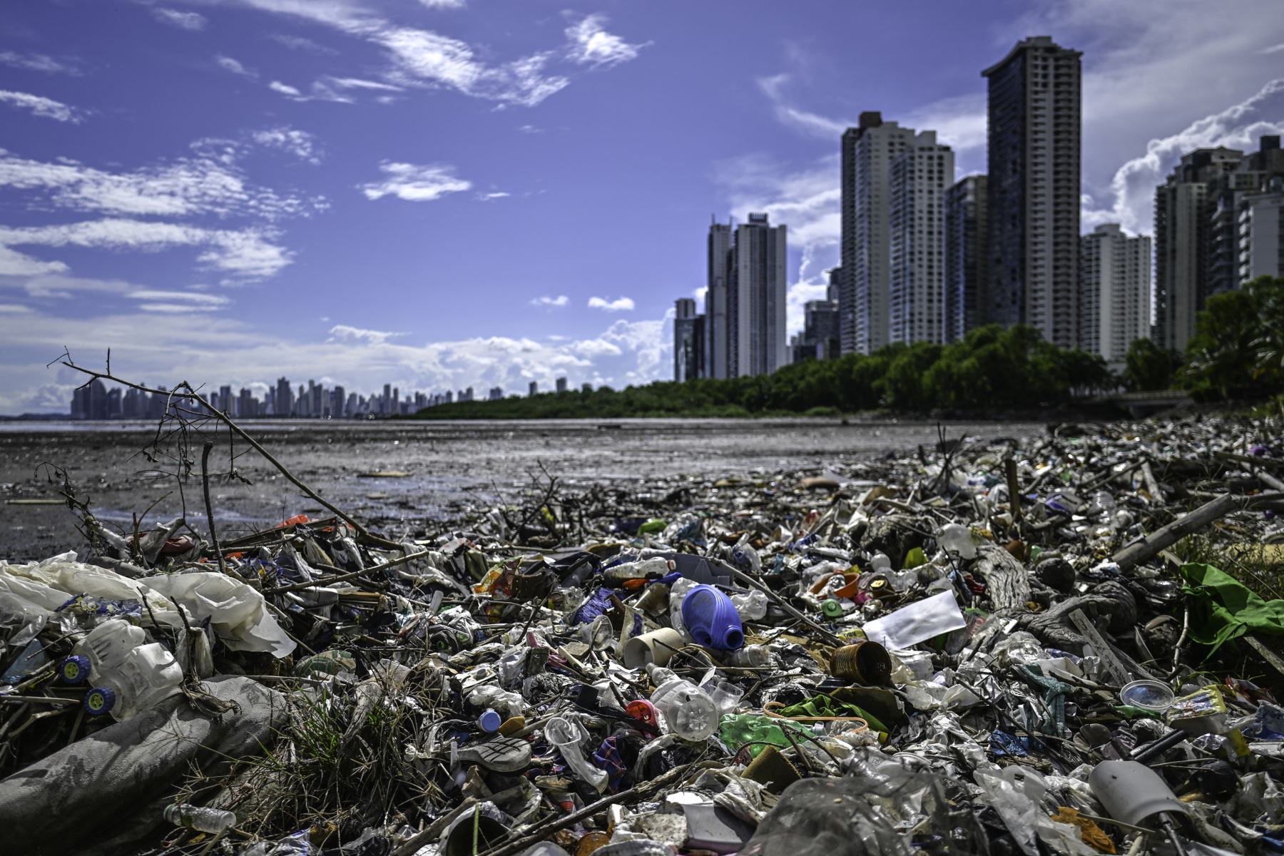 Se ven desechos plásticos y basura en la playa de Costa del Este, Ciudad de Panamá. El 8 de junio de 2024 se conmemorará el "Día Mundial de los Océanos", una iniciativa lanzada en 1992 para crear conciencia sobre el tema de los océanos del planeta. 
Foto: AFP