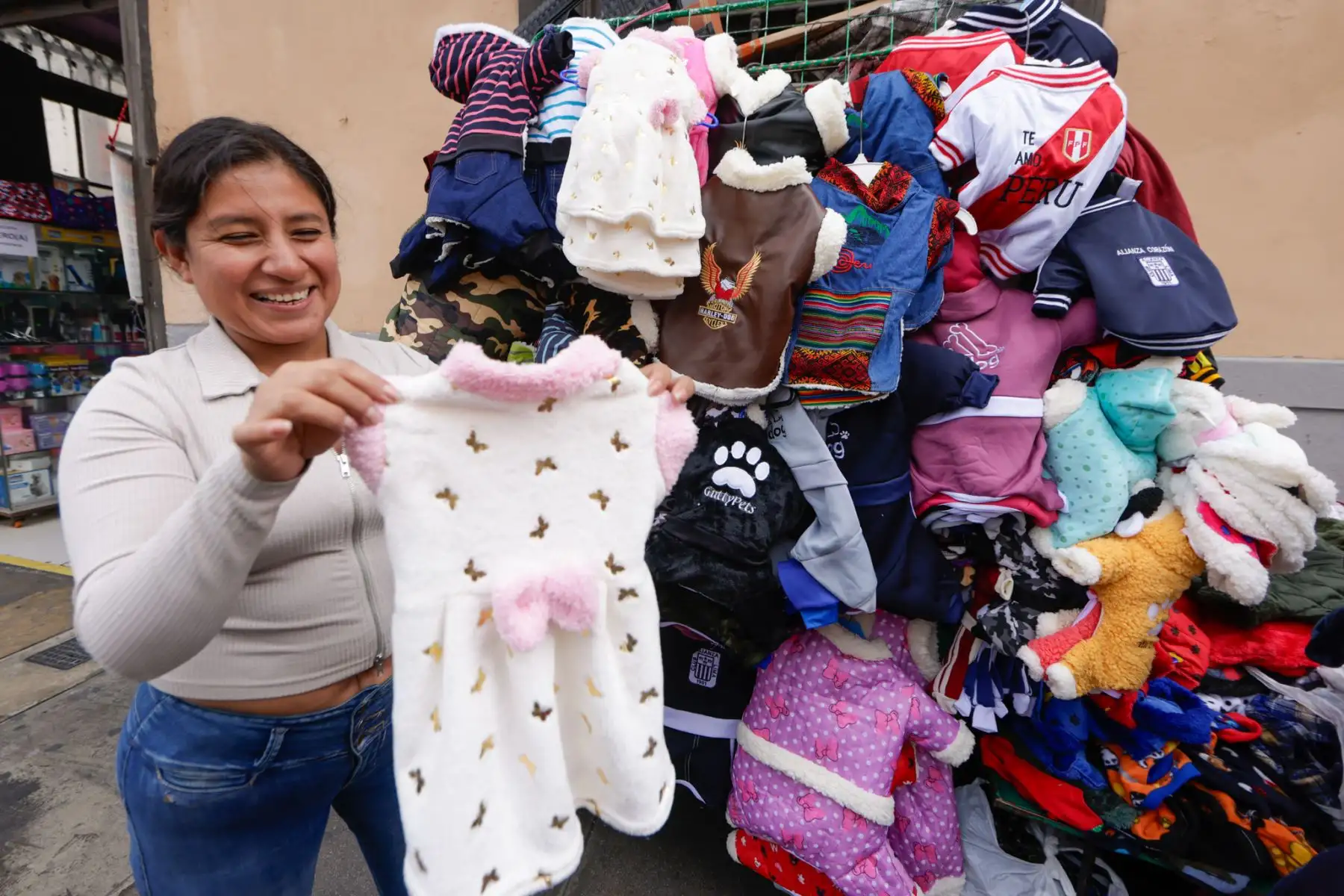 Ellos también sienten frío. Ante las bajas temperaturas, comerciantes de Mesa Redonda ofrecen abrigos de distintas calidades y modelos para los cachorros de la casa. Foto: ANDINA/Luis Iparraguirre