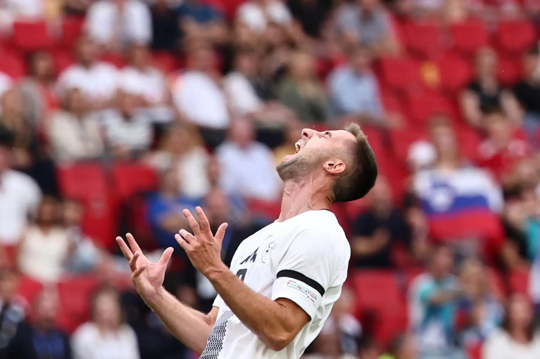 Andraz Sporar de Eslovenia reacciona durante el partido de fútbol del Grupo C de la UEFA EURO 2024 entre Eslovenia y Dinamarca. EFE