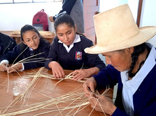 Adultos mayores de la provincia de Celendín, región Cajamarca, enseñan el arte del tejido en paja toquilla a escolares quienes aprenden a elaborar sombreros y también la danza tradicional La Guayabina. ANDINA/Difusión
