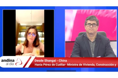 Ministra de Vivienda, Hania Pérez de Cuellar, en entrevista desde Shangay, China. ANDINA