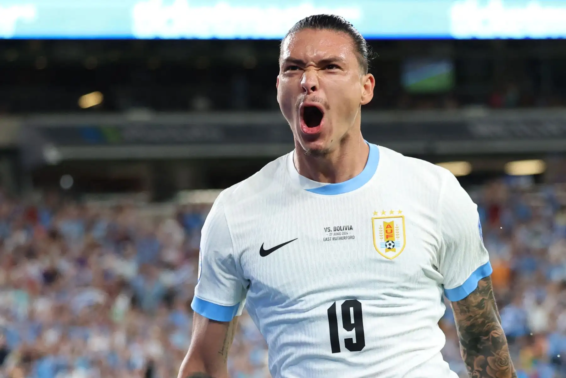 El delantero uruguayo  Darwin Núñez celebra marcar el segundo gol de su equipo durante el partido de fútbol del grupo C del torneo Copa América Conmebol 2024 entre Uruguay y Bolivia. Foto: ANDINA/AFP