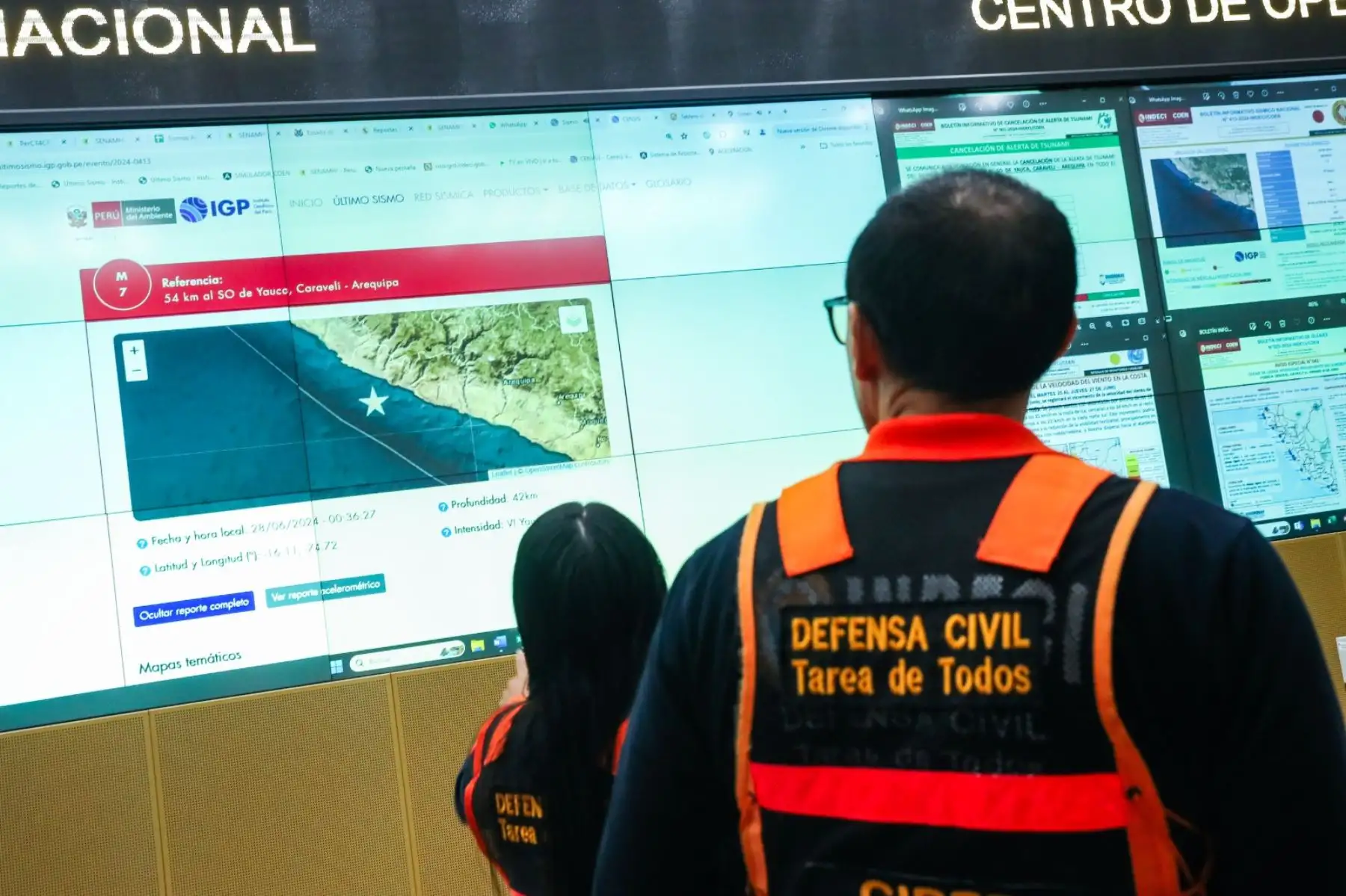 Presidenta de la república, lidera la reunión virtual con los miembros del gabinete y autoridades encargadas de la respuesta inmediata ante la emergencia ocurrida en Caravelí, Arequipa, debido al sismo de esta madrugada. Foto: ANDINA/ Prensa Presidencia