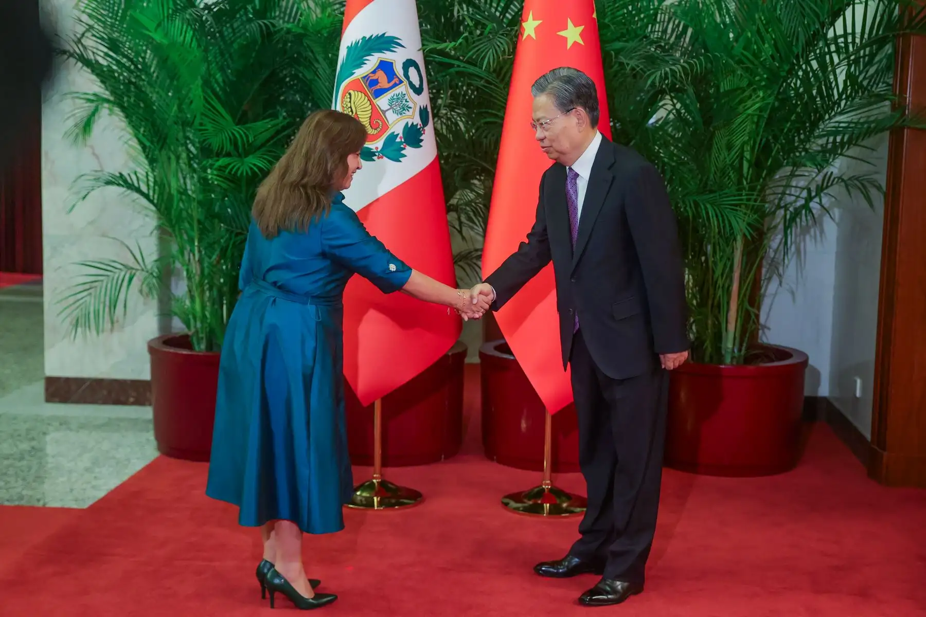 La jefa de Estado se reunió con el presidente del Comité Permanente de la Asamblea Popular Nacional, Zhao Leji. Foto: ANDINA/Prensa Presidencia
