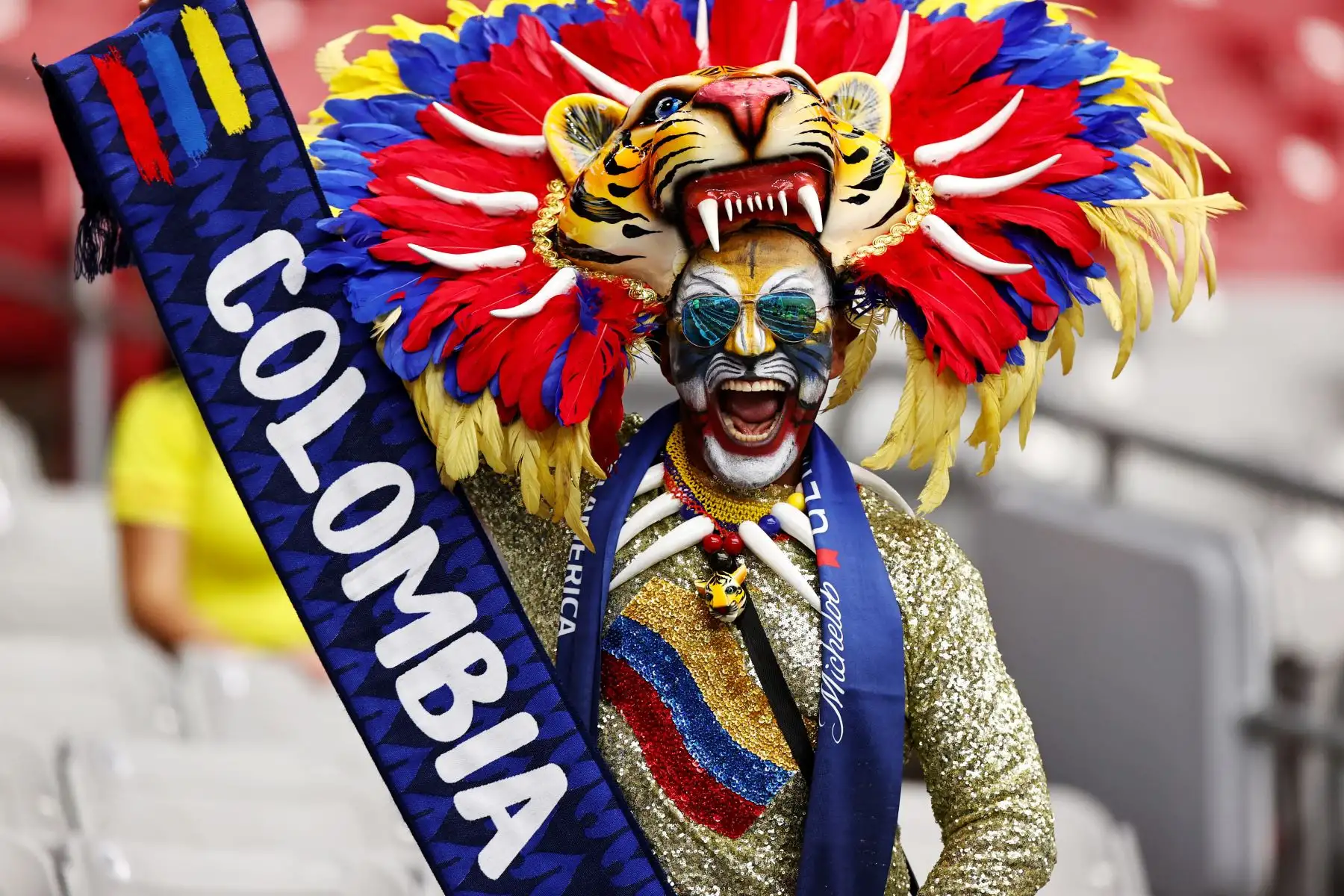 Un fanático de Colombia vestido con un disfraz de tigre posa antes del partido del Grupo D de la CONMEBOL Copa América 2024 entre Colombia y Costa Rica. 
Foto: ANDINA/ AFP