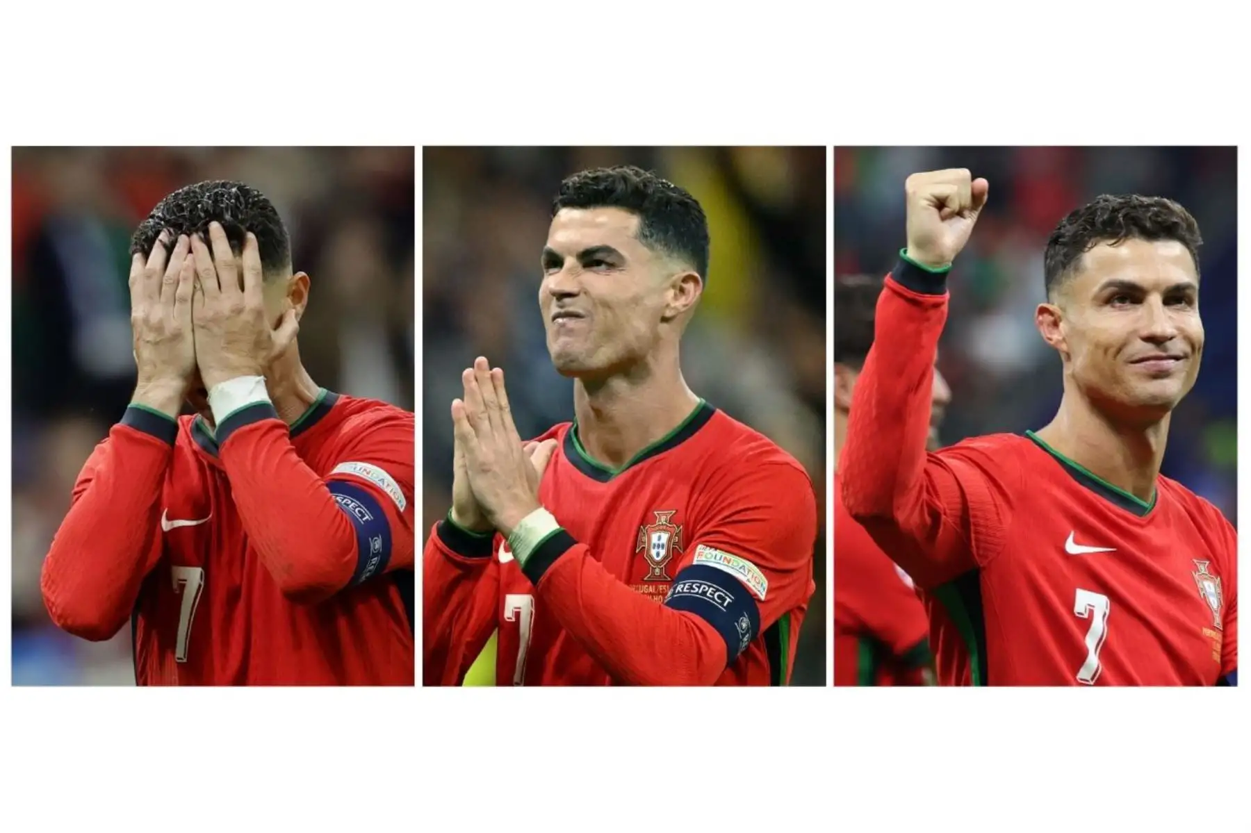 Las emociones de CR7 fueron notorias a lo largo del partido frente a Eslovenia: Desde la frustración que desbordó en llanto, cuando falló el penal en el primer suplementario, al perdón que pidió a su hinchada cuando convirtió en la tanda de penales, hasta la alegría de clasificar, a sus 39 años, a los cuartos de final de la Eurocopa 2024, donde enfrentará a la Francia de Kylian Mbappé. Foto: ANDINA/Composición con fotos de AFP y EFE