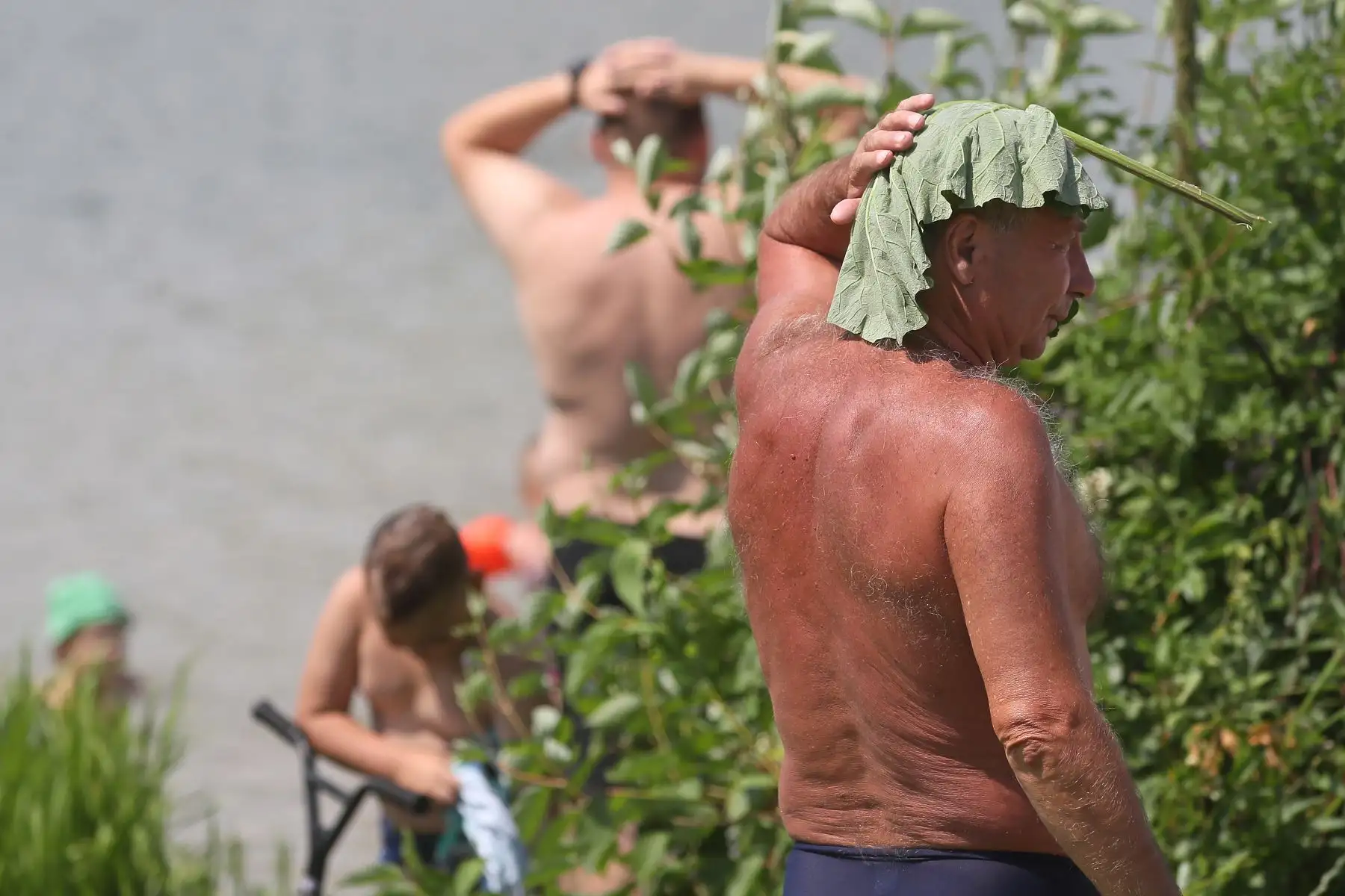 Un hombre se cubre la cabeza con una hoja durante un día caluroso en un estanque en un distrito residencial de Moscú, Rusia.
Foto: AFP