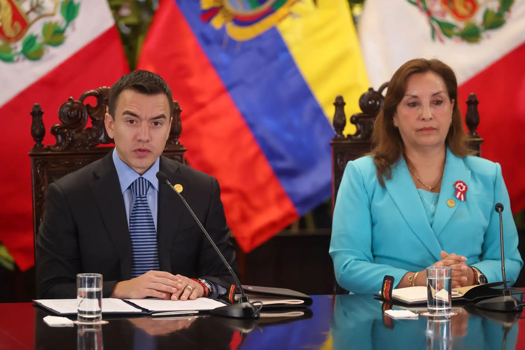 La Presidenta del Perú, Dina Boluarte y homólogo ecuatoriano, Daniel Noboa, inauguraron el Encuentro Presidencial y XV Gabinete Binacional Perú - Ecuador en Palacio de Gobierno.

Foto:ANDINA/Juan Carlgos Guzmán Negrini