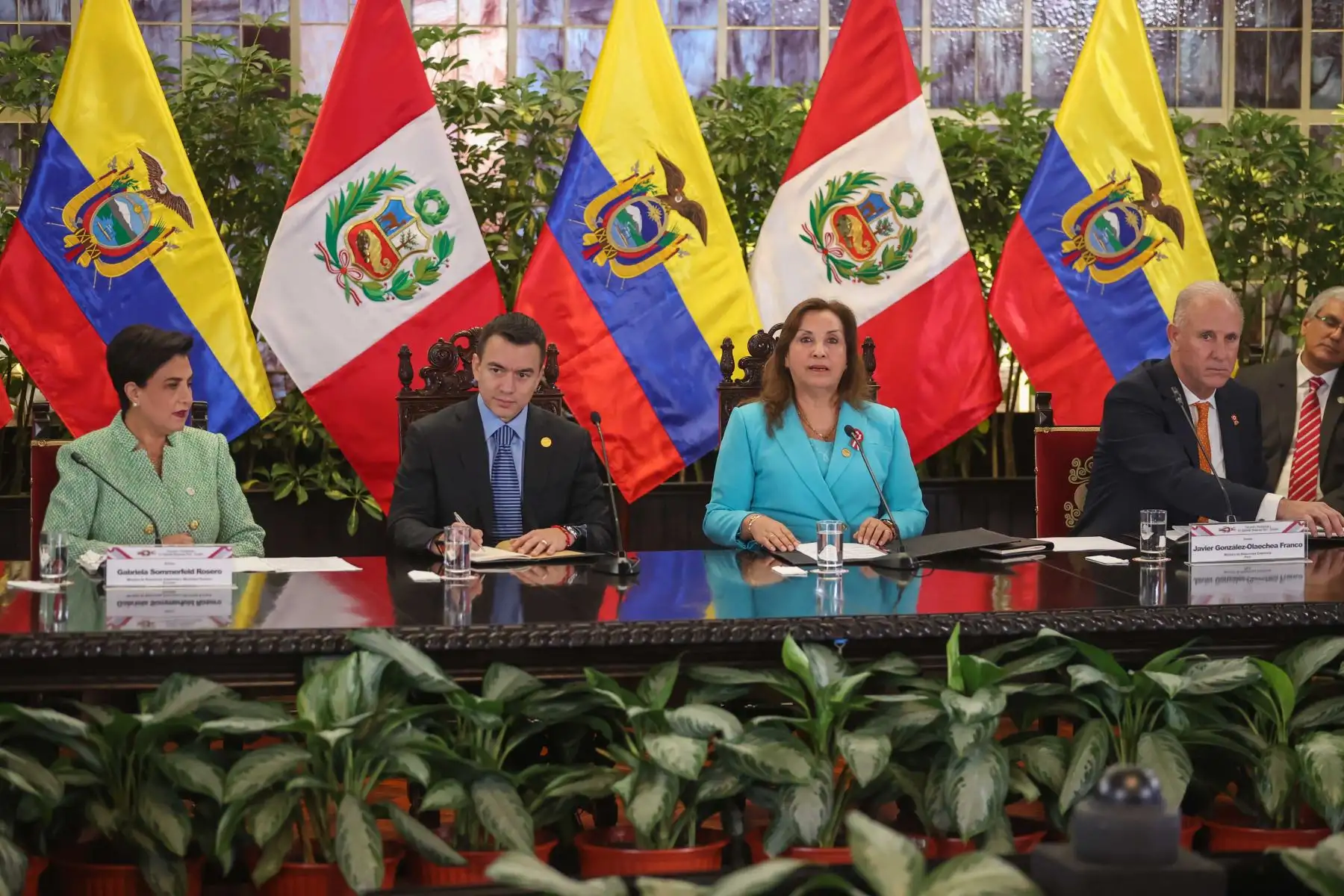 La Presidenta del Perú, Dina Boluarte y homólogo ecuatoriano, Daniel Noboa, inauguraron el Encuentro Presidencial y XV Gabinete Binacional Perú - Ecuador en Palacio de Gobierno.

Foto:ANDINA/Juan Carlgos Guzmán Negrini