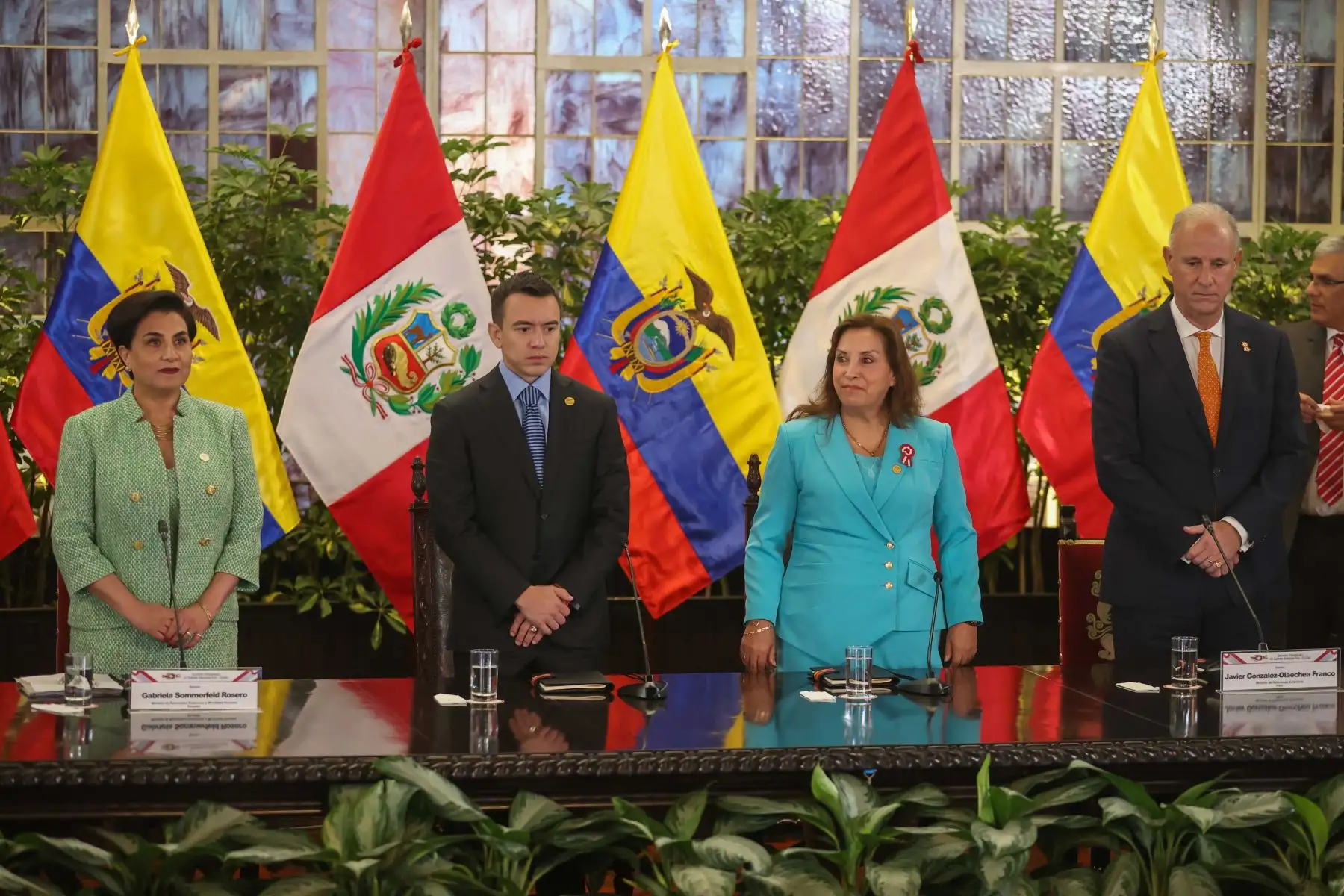 La Presidenta del Perú, Dina Boluarte y homólogo ecuatoriano, Daniel Noboa, inauguraron el Encuentro Presidencial y XV Gabinete Binacional Perú - Ecuador en Palacio de Gobierno.

Foto:ANDINA/Juan Carlgos Guzmán Negrini
