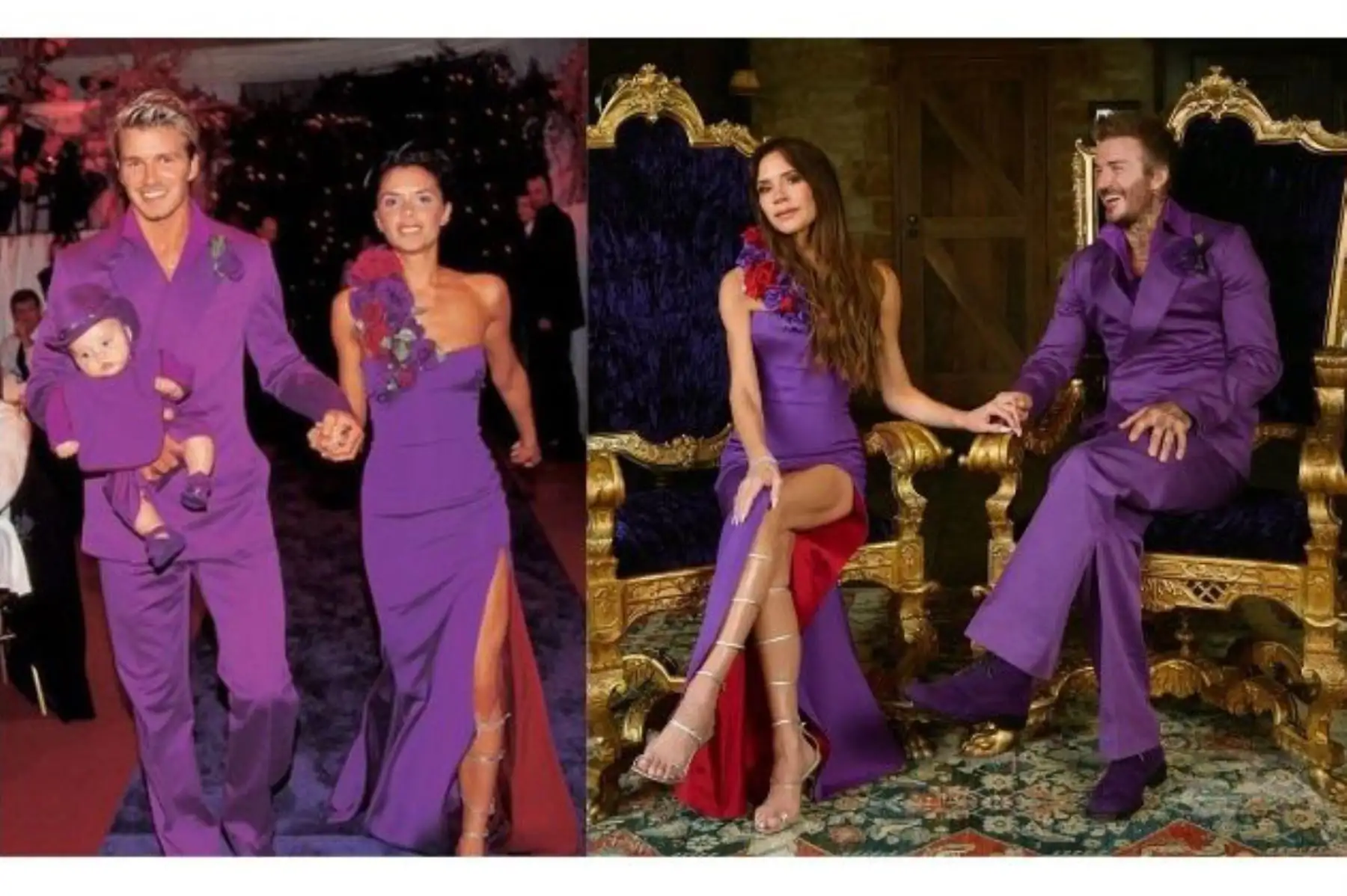 Hoy, 4 de julio, los Beckham cumplen 25 años de casados y lo han celebrado recordando su llamativo atuendo morado que portaban en su boda, allá por el año 1999. La pareja compartió una publicación conjunta en sus respectivas cuentas de Instagram, acompañadas con mensajes de amor. Foto: ANDINA/Instagram de David Beckham e Internet