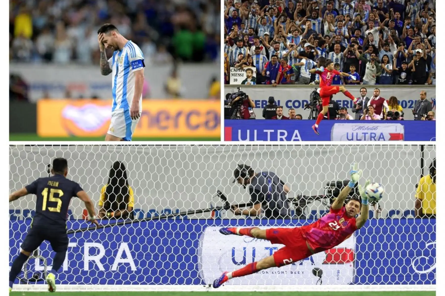 En un partido vibrante, en el que Messi falló el primer penal de la tanda, Argentina se impuso a Ecuador gracias a un gigante Emiliano Martínez, y consiguió su pase a semifinales. Foto: ANDINA/Composición con fotos de AFP