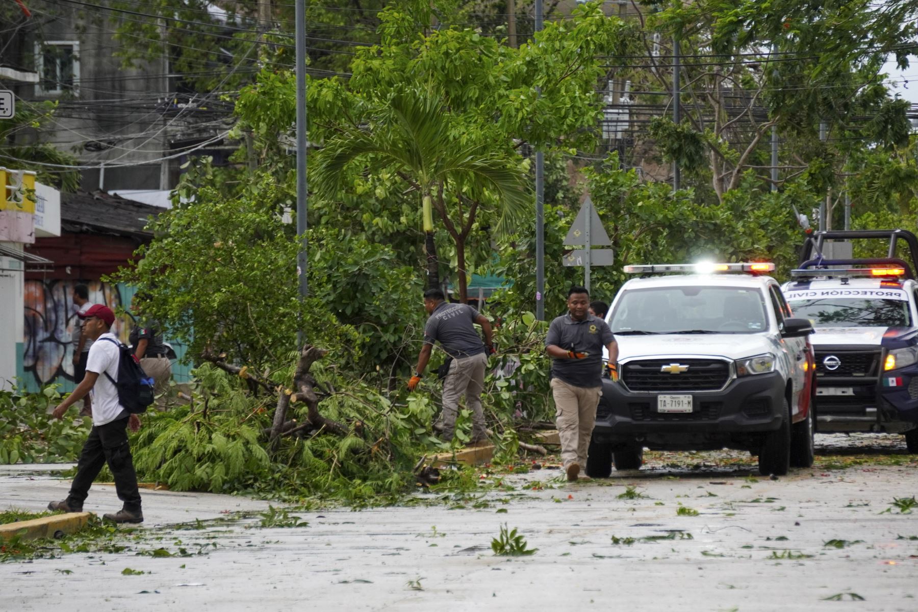 Trabajadores de Protección Civil talan árboles talados por fuertes ráfagas de viento causadas por el paso del huracán Beryl en Tulum, estado de Quintana Roo, México, el 5 de julio de 2024. El huracán Beryl azotó Yucatán en México. Foto:AFP