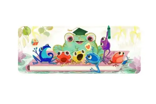 En el doodle se observa un sapo profesor junto con sapitos estudiantes que no solo tienen los característicos colores del logo de Google, también representan cada una de las letras del nombre de la marca.