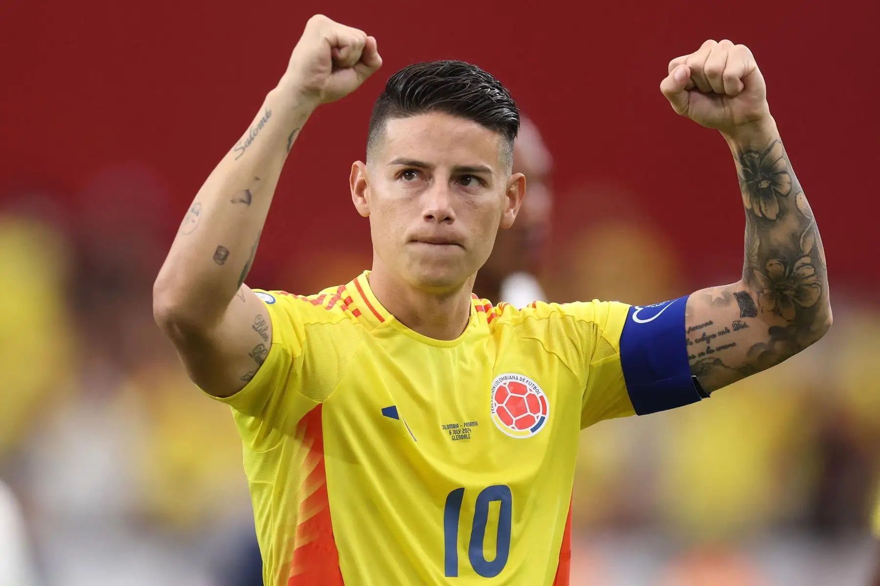 James Rodríguez de Colombia celebra después de ganar el partido de cuartos de final de la CONMEBOL Copa América 2024 entre Colombia y Panamá en el State Farm Stadium.
Foto: AFP
