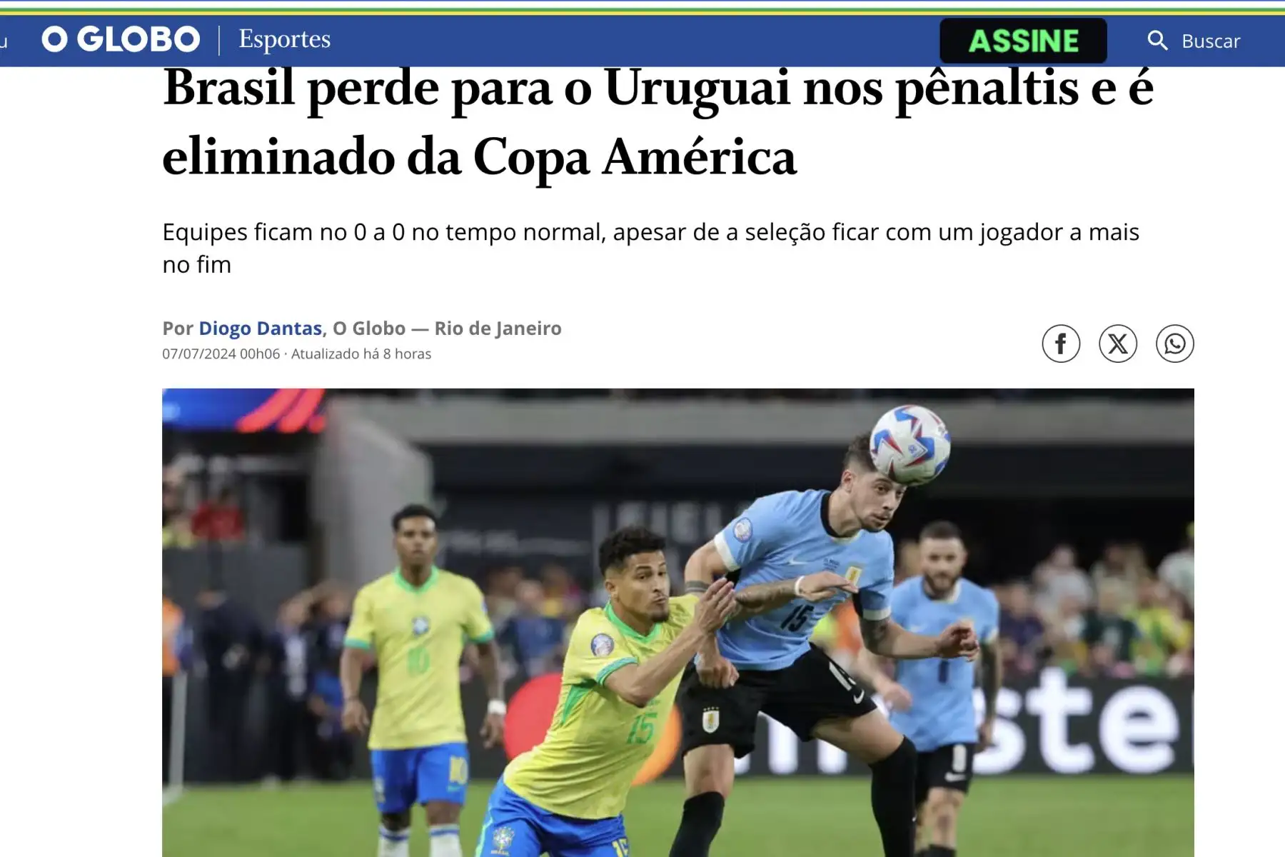 Medios de comunicación brasileños informan así sobre la derrota de Brasil ante Uruguay, que lo deja fuera de la Copa América. Foto: INTERNET/Medios