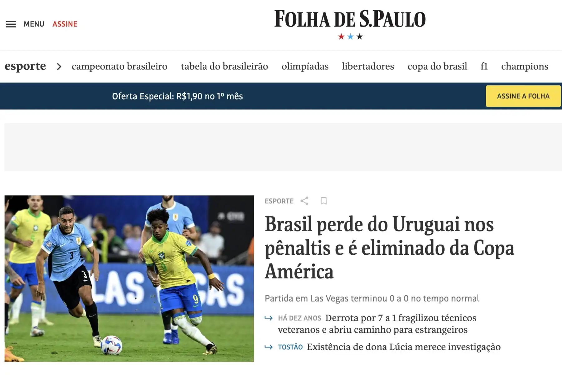 Medios de comunicación brasileños informan así sobre la derrota de Brasil ante Uruguay, que lo deja fuera de la Copa América. Foto: INTERNET/Medios