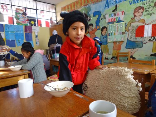 Colegios de zonas altas de Junín brindan desayunos calientes y promueven uso de piel de carnero para combatir las heladas y bajas temperaturas. ANDINA/Difusión
