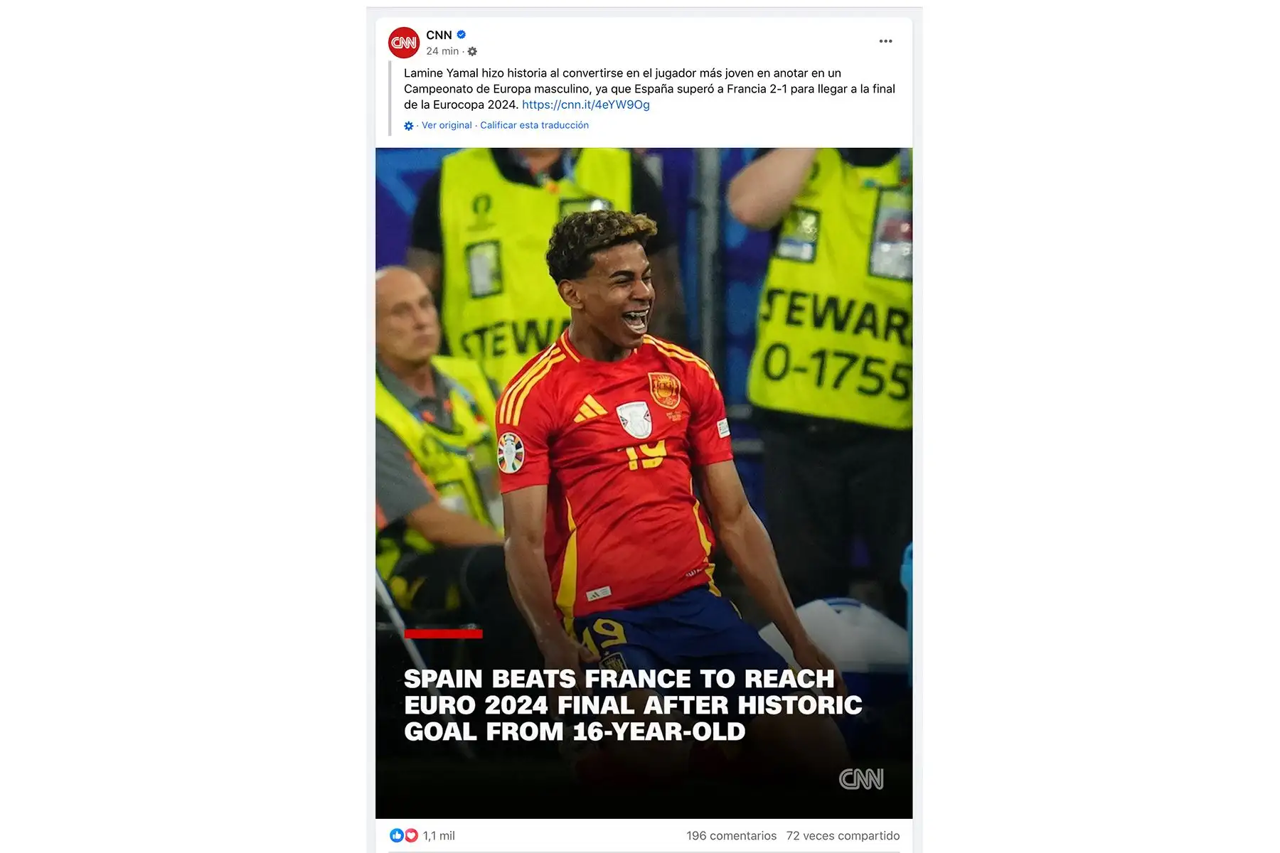 Así informa la cadena norteamericana CNN sobre el pase de España a la final de la Eurocopa 2024, tras ganarle 2-1 a Francia. Foto: INTERNET/Medios
