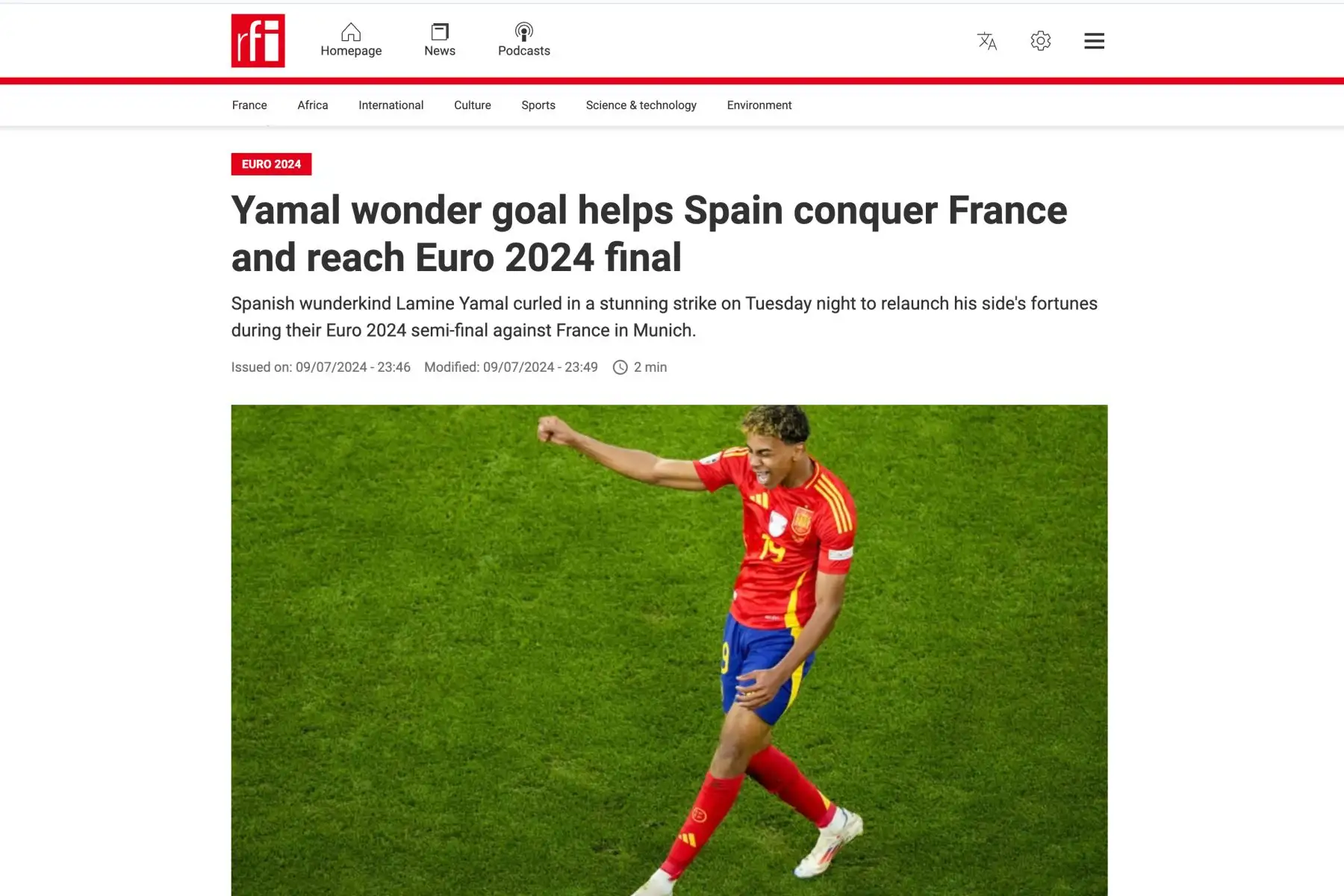 Así informó el medio de comunicación francés RFI sobre el pase de España a la final de la Eurocopa 2024, tras ganarle 2-1 a Francia. Foto: INTERNET/Medios