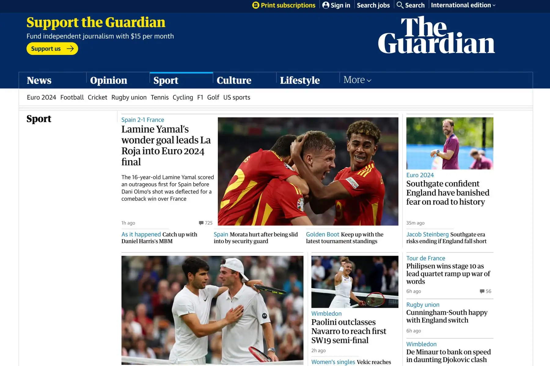 Así informó el medio de comunicación británico The Guardian sobre el pase de España a la final de la Eurocopa 2024, tras ganarle 2-1 a Francia. Foto: INTERNET/Medios