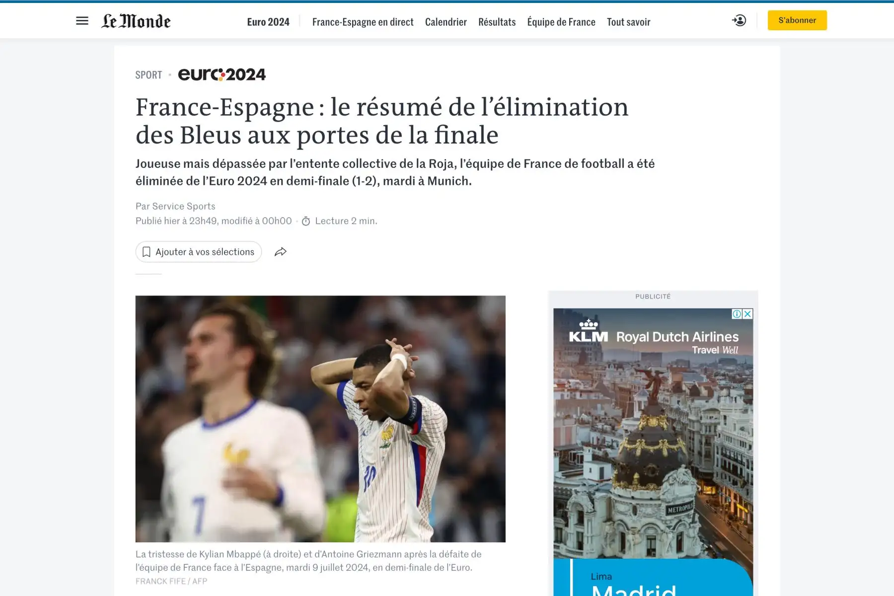Así informó la versión digital del diario francés Le Monde sobre el pase de España a la final de la Eurocopa 2024, tras ganarle 2-1 a Francia. Foto: INTERNET/Medios