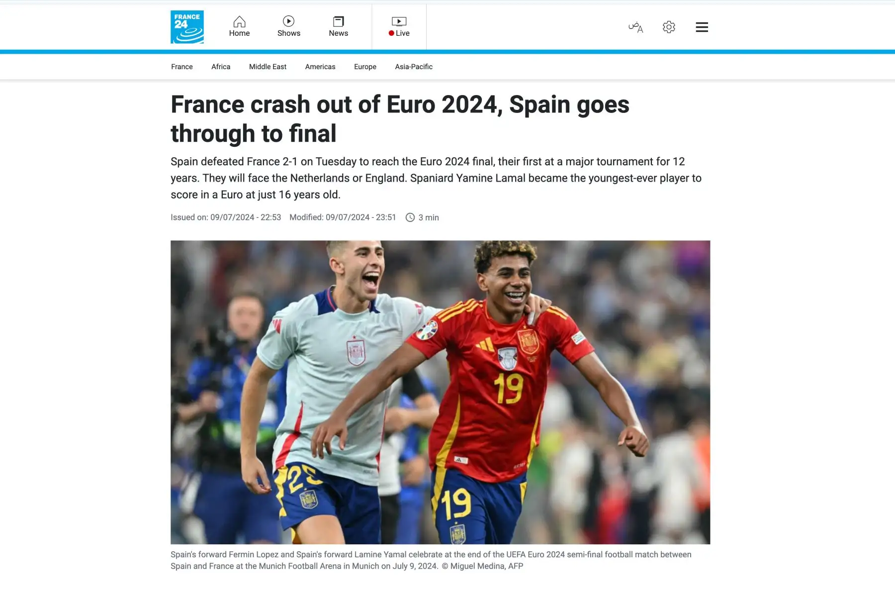 Así informa la agencia France 24 sobre el pase de España a la final de la Eurocopa 2024, tras ganarle 2-1 a Francia. Foto: INTERNET/Medios