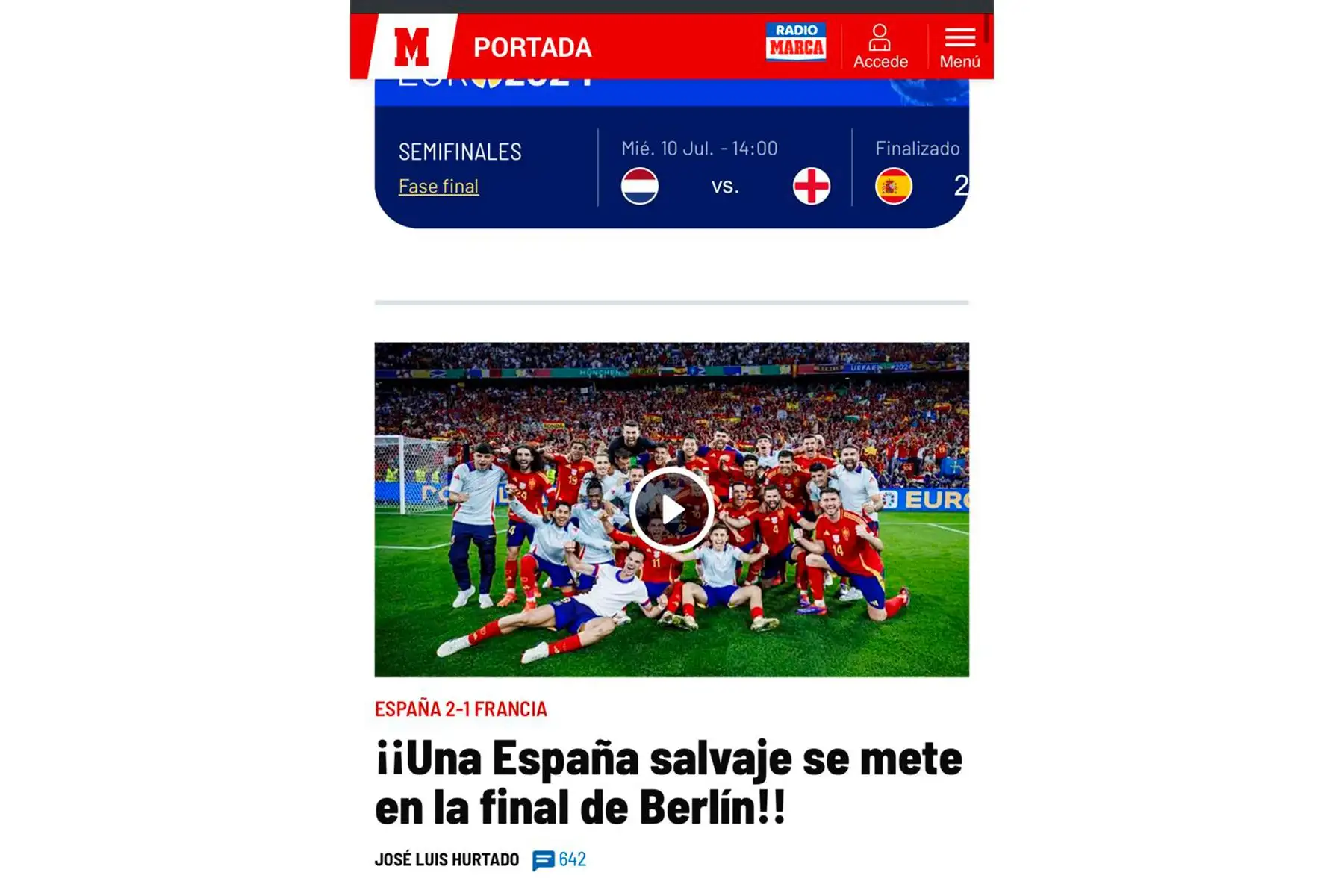 Así informó la versión digital del diario español Marca sobre el pase de España a la final de la Eurocopa 2024, tras ganarle 2-1 a Francia. Foto: INTERNET/Medios