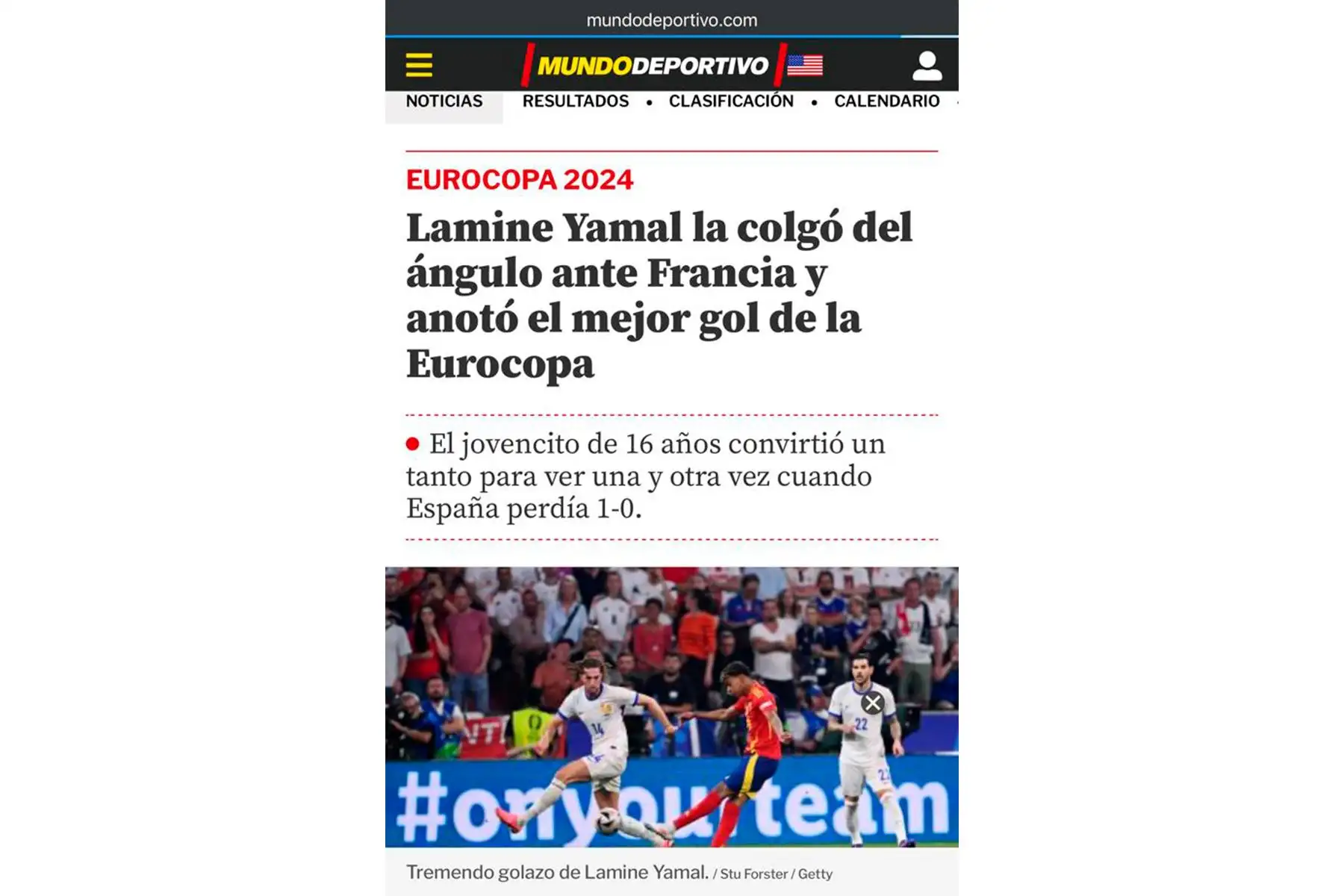 Así informó la versión digital del diario español Mundo Deportivo sobre el pase de España a la final de la Eurocopa 2024, tras ganarle 2-1 a Francia. Foto: INTERNET/Medios