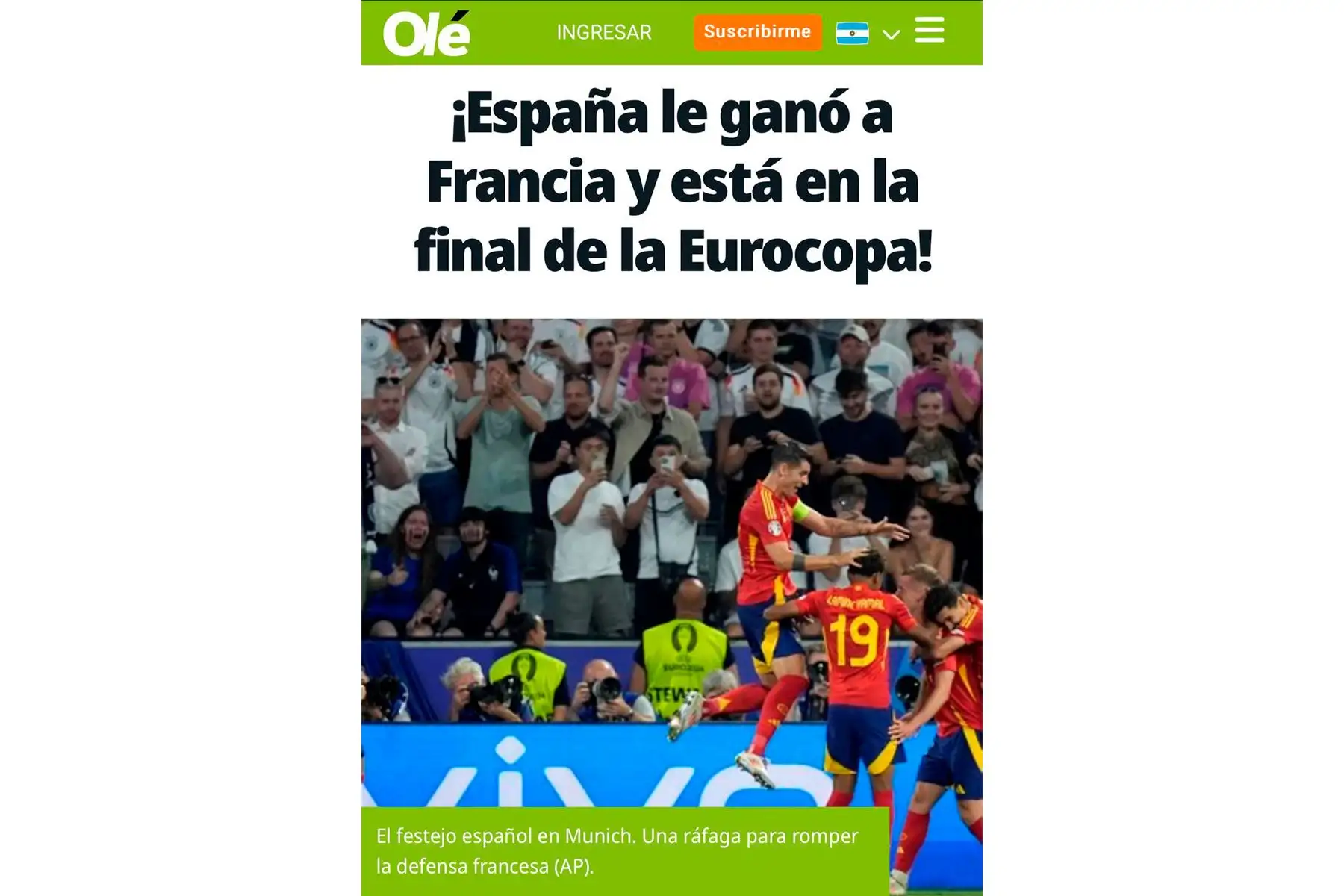 Así informó la versión digital del diario deportivo argentino Olé sobre el pase de España a la final de la Eurocopa 2024, tras ganarle 2-1 a Francia. Foto: INTERNET/Medios