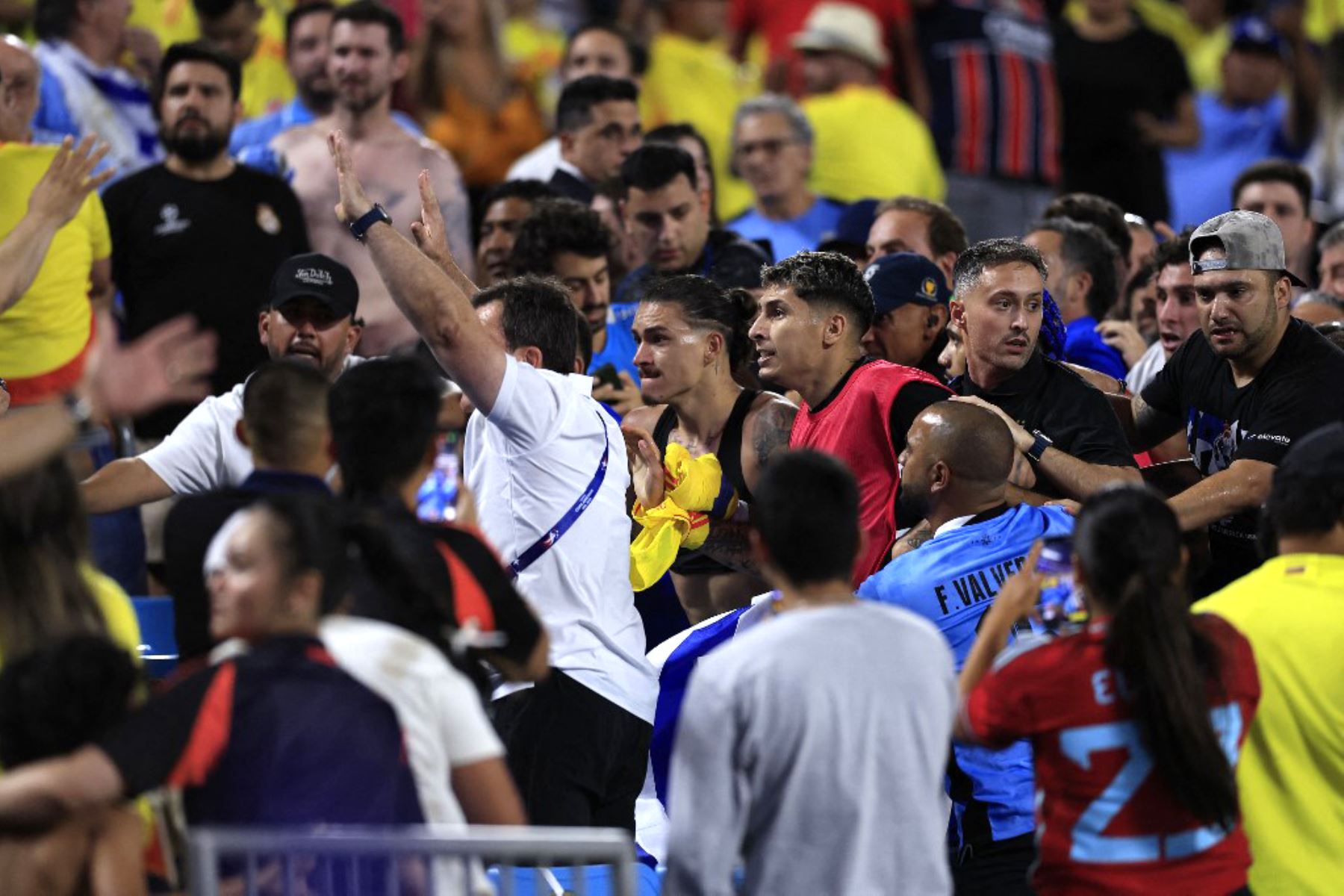 Darwin Nuñez de Uruguay reacciona ante los fanáticos en las gradas después del partido semifinal de la CONMEBOL Copa América 2024 entre Uruguay y Colombia en el estadio Bank of America en Charlotte, Carolina del Norte. Foto: AFP